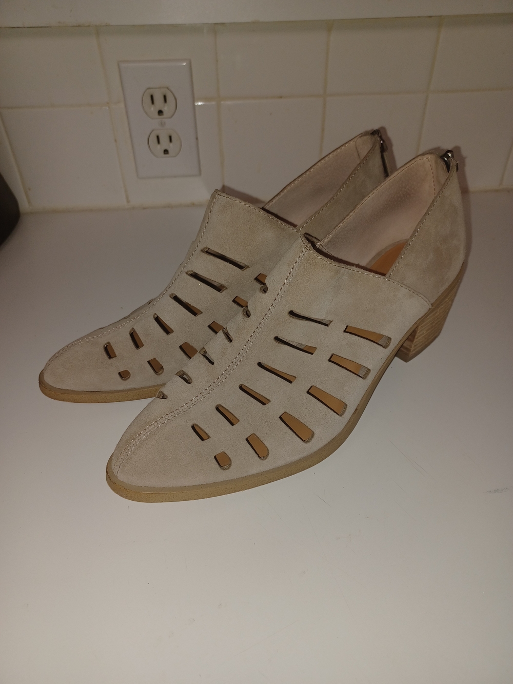 1state Islee Women’s Suede Cutout Low Heel Booties in Beige